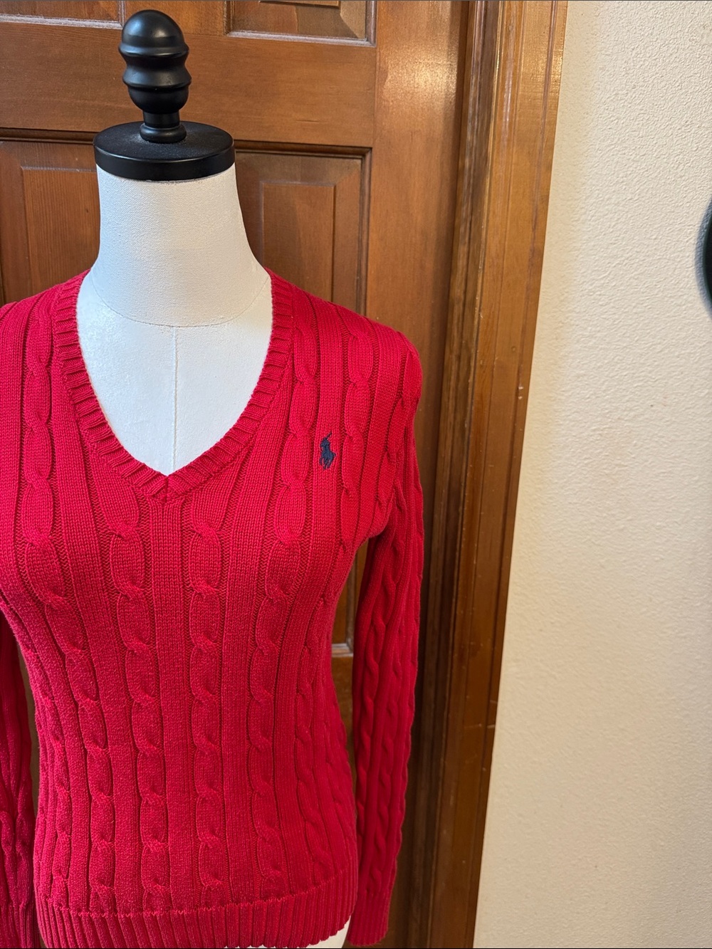 Polo Ralph Lauren Bright Red Cable-Knit V-Neck Sweater - Women's Size XS/TP